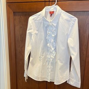 Talbots White Haberdashery Stretch Poplin Ruffle Front Blouse Size 12P